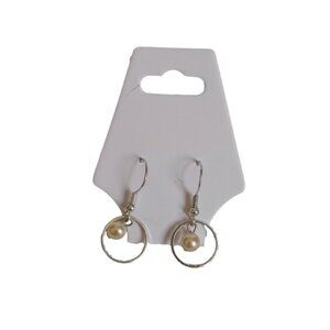 Silver Toned Metal Ring Faux Pearl Beaded Lightweight Dangle Drop Earrings